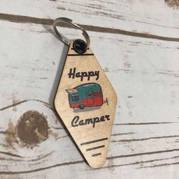 Happy Camper Wooden Keychain Retro Camper - Picture 1 of 7